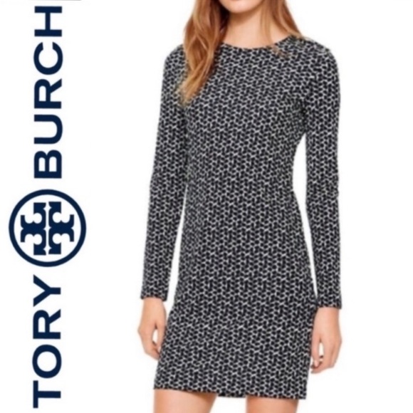 Tory Burch Navy White Print Jersey Dress - Picture 2 of 10
